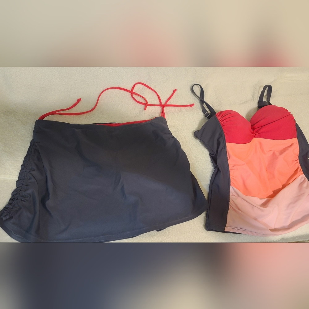 Color Block Tankini Set w/Swim Skirt Pink&Gray Size S - Picture 4 of 16